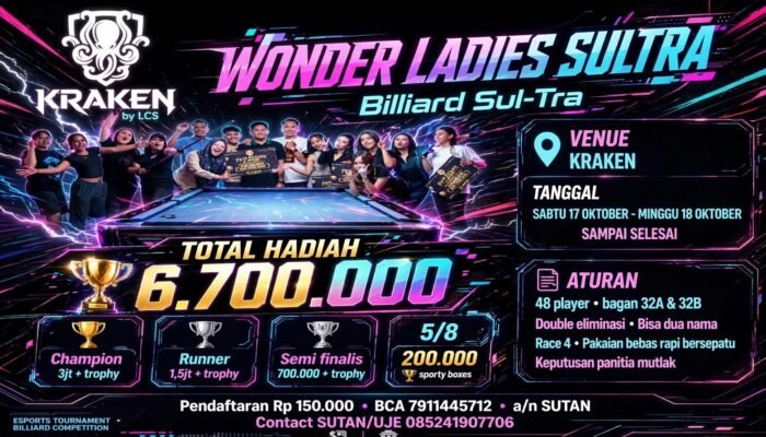 Sejarah Baru Biliar Sultra! 48 Wonder Ladies Duel di Kraken Billiard, Ketua POBSI Kendari Ardiansyah Pratama Putra Siapkan Hadiah Rp 6,7 Juta + Trophy